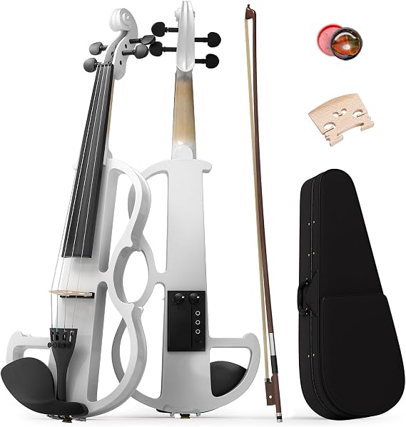 Electric Violin 4/4 Kit,Full Size Beginner Violin for Adults,Students,with Case,Bow, Headphones,and Connecting Line,White