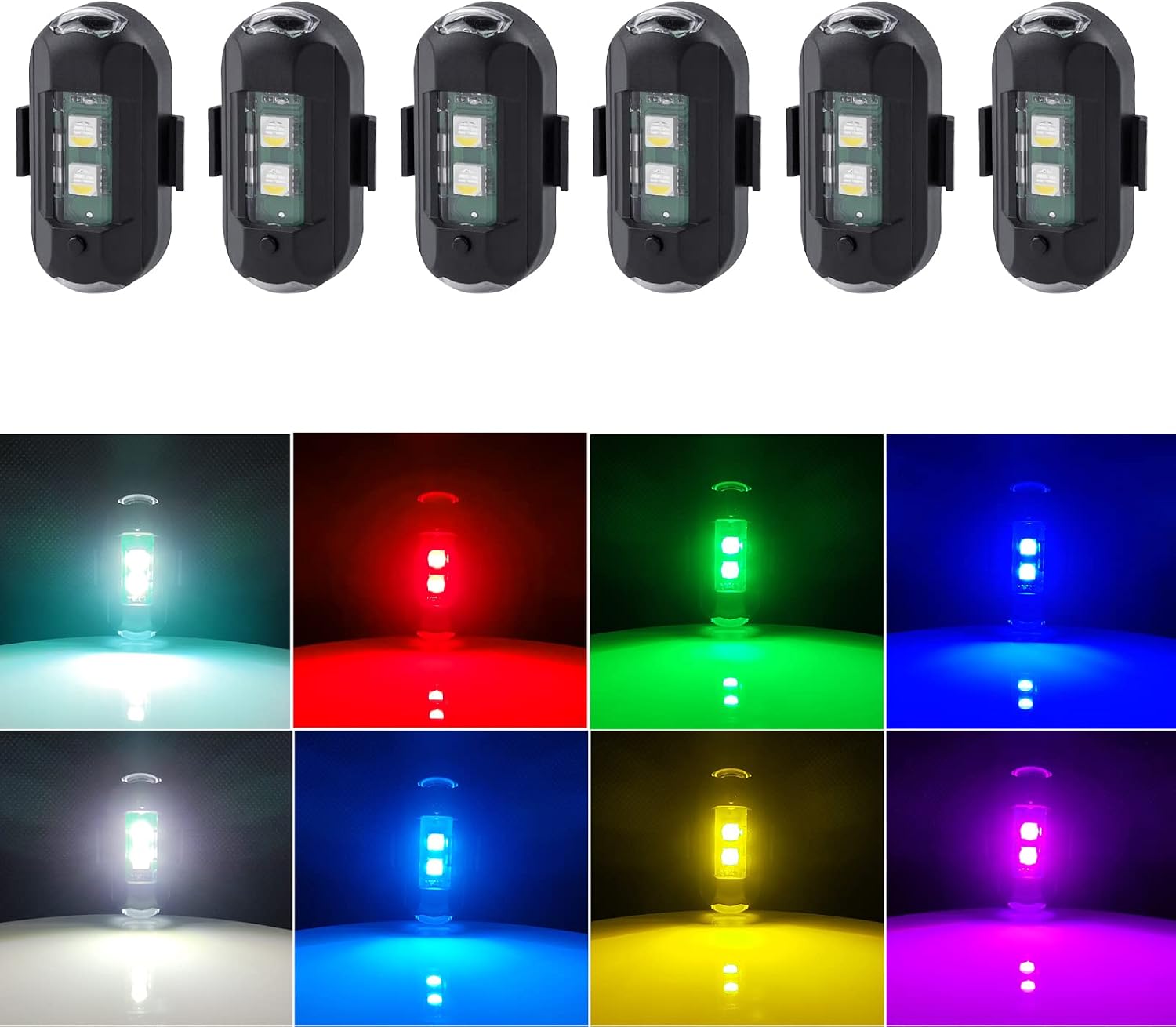 LECART 6Pcs LED Aircraft Strobe Lights Rechargeable Mini Led Light 8 Colors Magnetic Led Anti Collision Strobe Light Motorcycle Night Riding Flashing Light for CarE-BikeDroneRC BoatBicycle