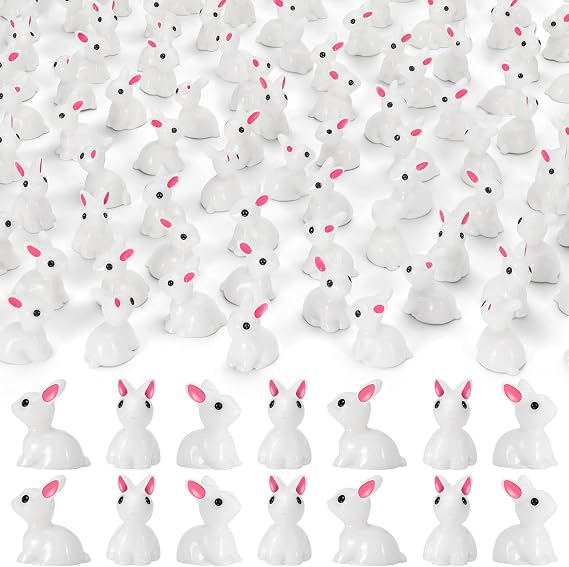 66 PCS Easter Mini Resin Bunny, Miniature Easter Bunny Figurines, Tiny Rabbit for Dollhouse Decorations, Fairy Garden Landscape Ornaments, Easter Egg Fillers Party Favors