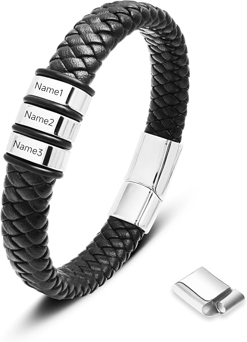 Personalized Men's Bracelet with Custom Name Beads, Engraved Leather Bracelet for men, Customizable Fathers Day Gift for Dad, Husband, Boyfriend