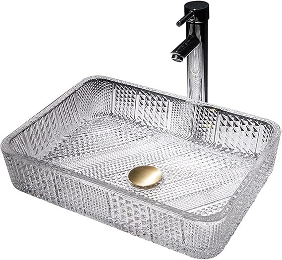 Vessel Sink Rectangular, 18"x13" Modern Bathroom Glass Vessel Vanity Sink Art Basin, Vessel Sink with Faucet and Drain Combo, Above Counter Bathroom Sinks Transparent