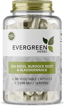 Evergreen Herbs Sea Moss, Burdock Root & Bladderwrack Vegetable Capsules, 90 Count, 1,500 MG