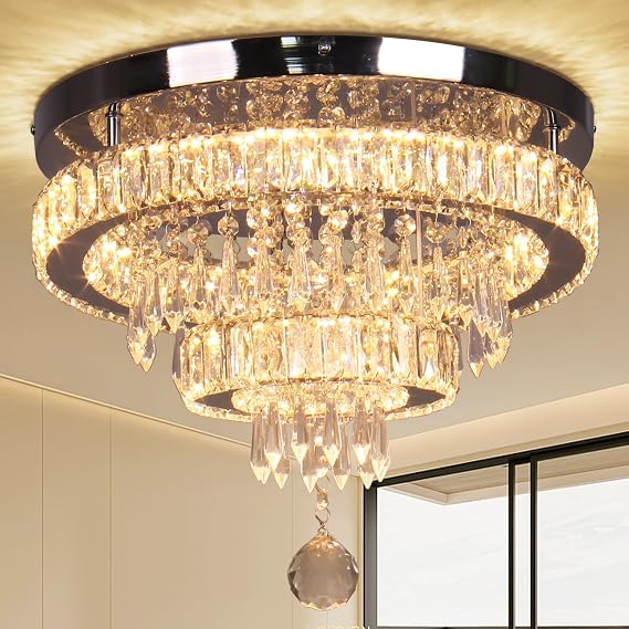Finktonglan 40cm 4-Tier Crystal LED Chandelier 55W 3000K Warm White | 40cm four-tier K9 crystal flush mount with integrated 55W LED and fixed 3000K warm white light for living and dining rooms. [Energy Class E]