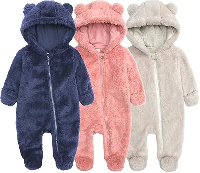 Newborn Baby Bear Onesi𝚎 Baby Fleece Snowsuit Thicken Fleece Coverall Romper Hooded Snowsuit Holiday Navy, 3-6 Months