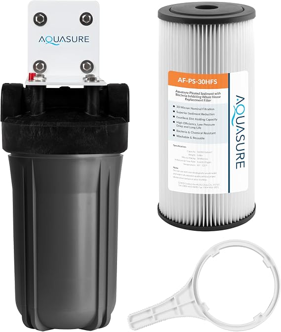Aquasure Fortitude V2 Series High Flow 30 Micron Whole House Pleated Sediment Water Treatment Pre-Filter System, Standard Size | Removes Sand, Silt, Dirt, Debris & More