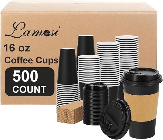 Lamosi 500 Pack 16 oz Disposable Coffee Cups With Lids and Sleeves | Leak-Proof To Go Paper Coffee Cups, Hot/Cold Beverage Black Drinking Cup For Home, Office, Travel, Meetings, Coffee Shops