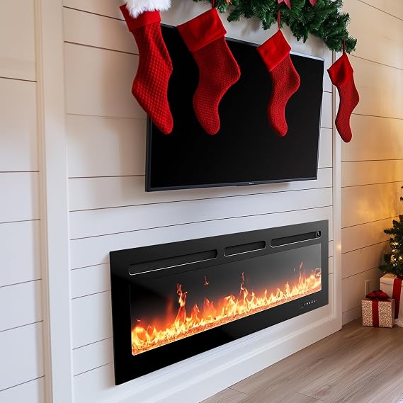 Silonn 60Smart Electric Fireplace Heater with App & Remote Control, 4777 BTU Heat Output, Ultra-Slim Wall-Mounted or Recessed Electric Fireplace Inserts with Timer, 20 Flame Colors,WiFi Enabled