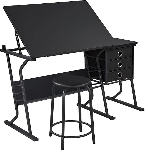 Yaheetech Tilting Drafting Table Art Craft Desk with Stool, Drawers, Black | Steel frame and MDF top adjusts 0-40 for drawing or diamond painting; 3 drawers and shelf organize supplies in small spaces.