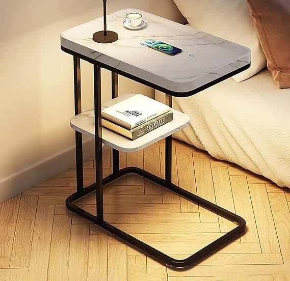 End Table Bedside Table, LED Nightstand With Charging Station,natural Nightstand,With Lamp Modern Bedside Table for Bedroom,With Storage Space(Gray)