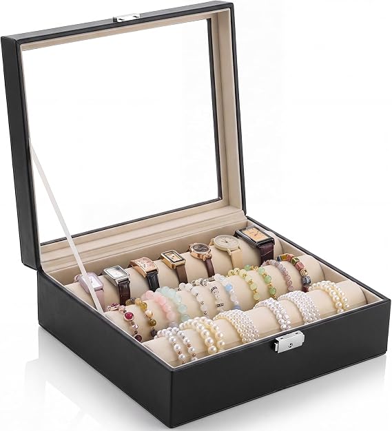 Nosiny Black 3 Tubes Bracelet Display Box Bracelet Display with Clear Lid Bangle Box Watch and Bracelets Holder Oganizer for Women Retail Bracelets Watch Stores (3Rolls,PU Leather)
