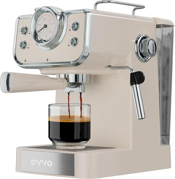 EVVO Cafetera Express Intensa Retro, 15 bares, cuerpo de acero, Espressos y Capuccinos, 950W, Doble salida, Portafiltros, Depósito de 1,5 l, calentamiento rápido
