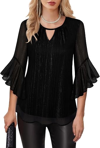 VALOLIA Women's Dressy Tops Elegant Chiffon Blouses 3/4 Ruffle Sleeve Sparkly Cocktail Tops Work Shirts Crewneck