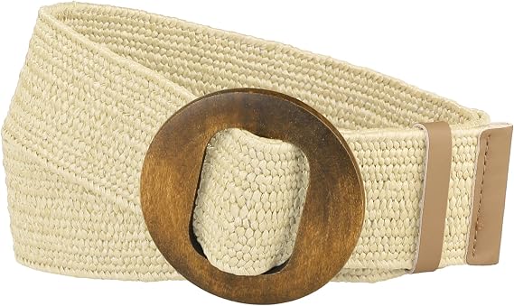 Womens Woven Stretch Belts, Straw Rattan Wooden Buckle Elastic Wide Waistband Waist Belt for Dress