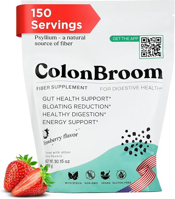 ColonBroom Psyllium Husk Fiber Powder, Strawberry, Gut Health, 150 Servings