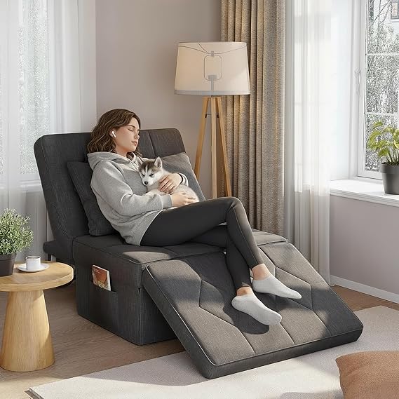 Single Sofa Bed, 4-in-1 Convertible Sleeper Chair with Adjustable Backrest | 5-Level Chair Bed with Pockets and Pillow, Foldable Pull Out Sofa for Living Room Bedroom Guest Room, Dark Grey