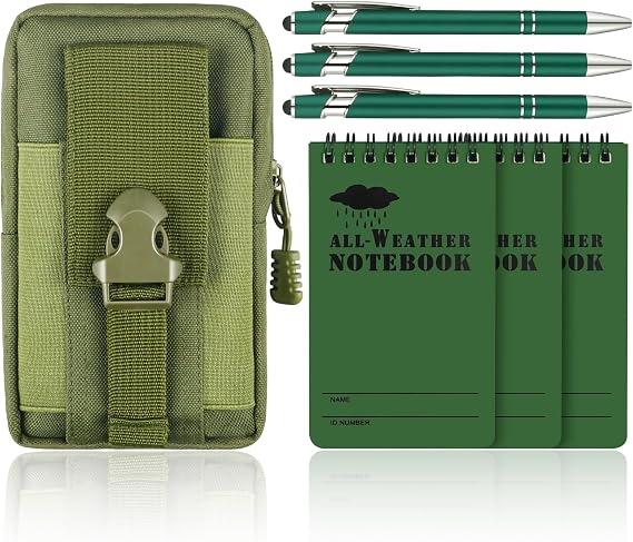 7 Piece Waterproof Notebook, 3 X 5 Inch waterproof notebook and pen with Waterproof Multi Functional Waist Pack for Outdoor Activities Recording (Army Green)