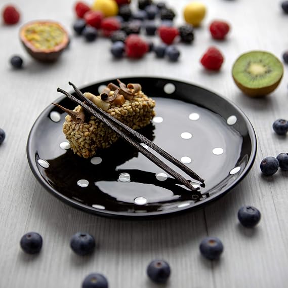 City to Cottage Handmade Black and White Pottery Polka Dot Glazed 7.9inch/20cm Side Plate, Dessert Plate, Unique Ceramic Dinnerware, Housewarming Gift