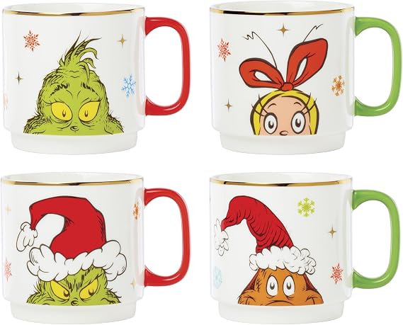 Lenox 898097 Merry Grinchmas Stackable Mugs, Service For 4, Assorted, Christmas, Drinkware Set, Holiday Glasses