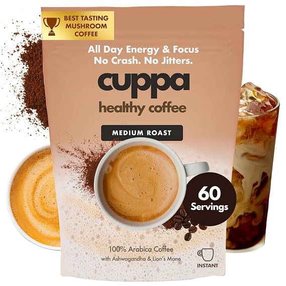 Cuppa Coffee - Great tasting medium roast with mushrooms, adaptogens & superfoods - Lion's Mane, Ashwagandha, Cordyceps, MCT, Prebiotic Fiber & L-Theanine. Supports natural energy & better mental focus, overall well-being + a happier gut (60 Servings)
