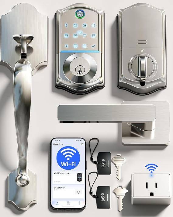 Veise VE017G-H Wi-Fi Smart Door Lock Deadbolt with Handle Set, Satin Nickel
