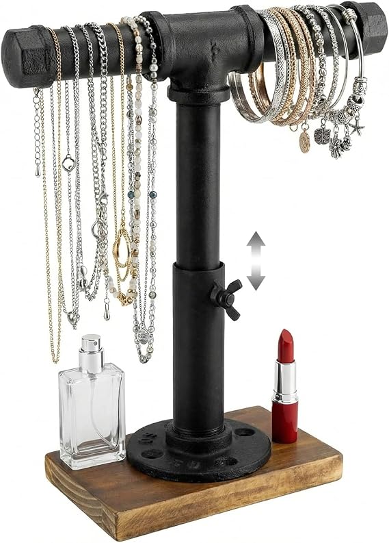 MyGift Industrial Pipe T Bar Jewelry Display Stand Black Metal Wood Base
