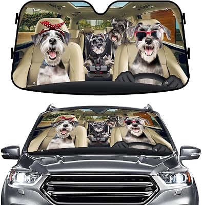 Cute Miniature Schnauzer Dog Family Funny Windshield Sun Shade for Car SUV Truck 55x30 Inches, Sun Shade Windshield, Protector Blocks UV, Spring Car Decor