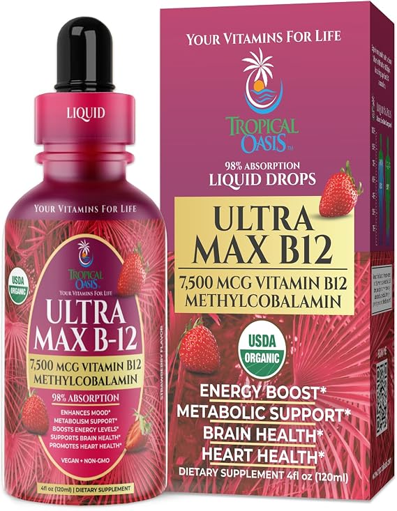 ULTRA MAX B12 | Max Potency 5000mcg Vitamin B12 Sublingual Liquid Drops | Methyl B12 (Methylcobalamin) | Max 98% Absorption Rate | Increase Energy & Metabolism*| Vegan, Non-GMO, Strawberry flavor -4oz