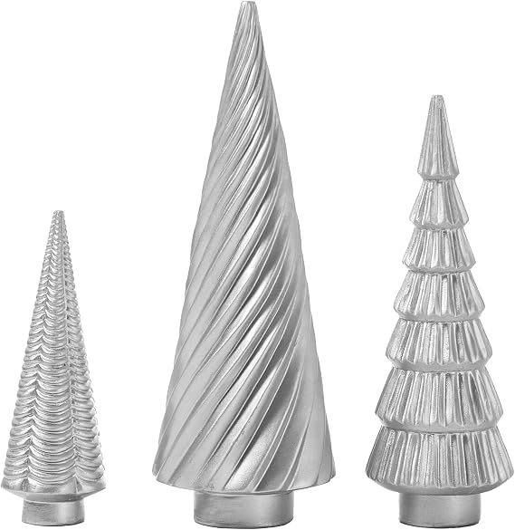 DN DECONATION Silver Christmas Tree Figurines Set of 3 for Mantel Desk