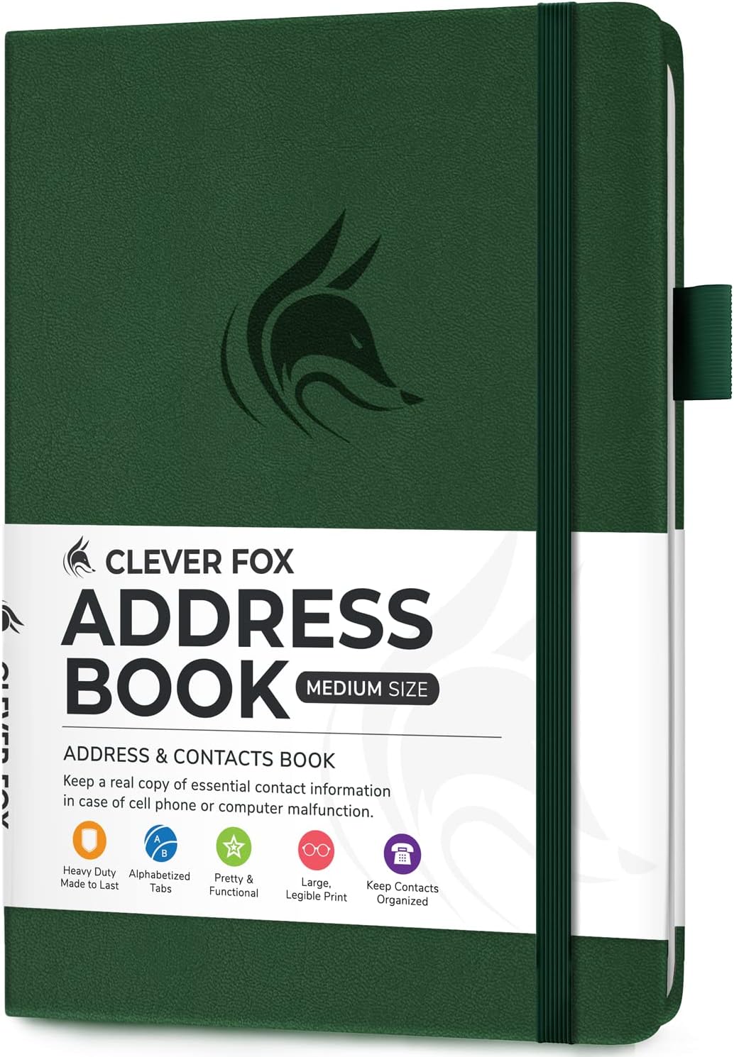 Clever Fox Address Book with alphabetic tabs - PU Leather Telephone and Address Book for Keeping Contacts Safe, Contact Organizer Journal, Medium Size 5.3″ x 7.7″ Hardcover, Forest Green