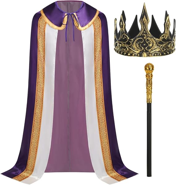 Adult King Cape Robe Costume for Men and Women Queen Costume 3PCS Set with Crown Scepter Halloween Cosplay