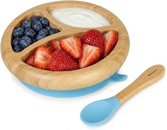 Abiie Octopod Bamboo Dish & Spoon - Suction Baby Plate - 4 Mos & Up - Blue
