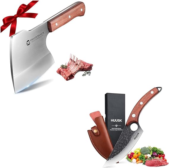 Dream Reach Meat Cleaver Knife, Heavy Duty Bone Chopper, Hand Forged Butcher Knife, Japanese Style Viking Knives with Sheath, High Carbon Steel Chef Knives for Kitchen, Camping or BBQ