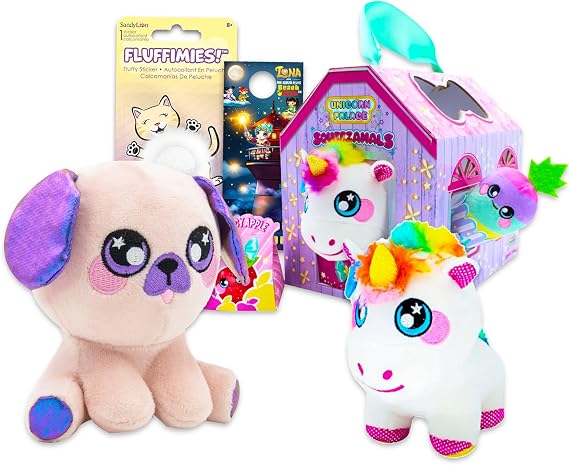 Squeezamals Stuffed Animal Plushie Set - Bundle with 5 Plush Dolls Including Dog and Unicorn with Stable and Accessories Plus Stickers, More | Squeezamals Plushies for Kids