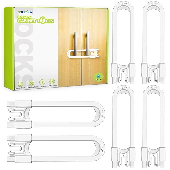 6 Pack Adjustable Cabinet Locks for Babies, U-Shaped Baby Proofing Child Locks for Kids Toddlers Safety, Sliding Door latches for Cabinets, Drawer, Closet, Fridge, Door Knob Handle, Kitchen Home Safe