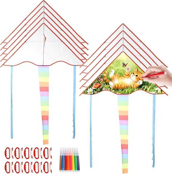 DIY Blank Kites,10Pcs kids Kite Making Kit 33.46 x 16.54 in Blank Kites with 8 Colors Pens Included, Easy to Fly Triangle Kite Bulk, Foldable Portable for Outdoor Games and Activities