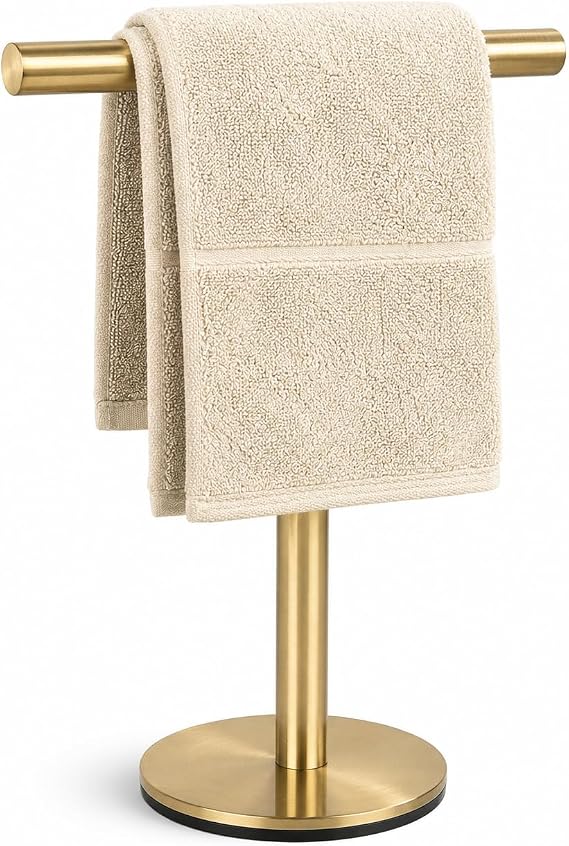 Bath Hand Towel Holder Standing, T-Shape Towel Bar Rack Stand, SUS304 Stainless Steel Brushed Finish,Tower Bar for Bathroom Kitchen Vanity Countertop (Gold