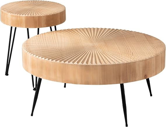 COZAYH 2-Piece Round Nesting Coffee Table Set, Natural Wood Top with Black Metal Legs, Radial Pattern Rustic Farmhouse Accent for Living Room or Bedroom Space-Saving Modern Furniture