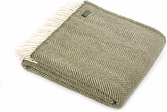 Herringbone pure new wool blanket throw rug Olive Green BRITISH MADE
