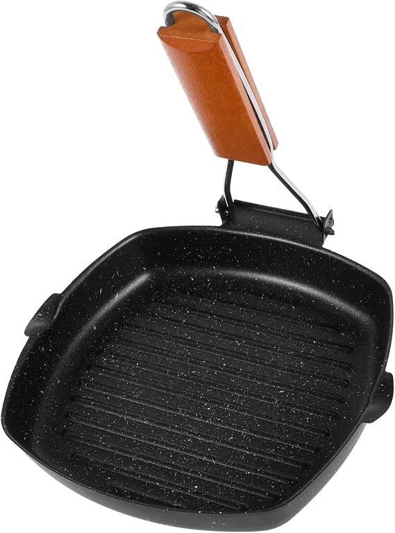 Nonstick Griddle Pan,20cm or 28cm Carbon Steel Grill Pan with Folding Wood Handle Nonstick Grilling Pan Portable Grill Skillet Square Grilling Skillet for Meat Fish and Vegetables (20cm)
