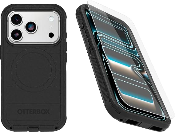 OtterBox iPhone 17 Pro ONLY Bundle: Defender Series Case & Screen Protector - Black - Case Only - Snap on MagSafe - Tough - Rugged and Durable - Non-Retail Packaging