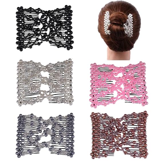 5Pcs Easy Stretch Beaded Hair Combs Double Magic Slide Metal Comb Clip Hairpins for Women Hair Styling