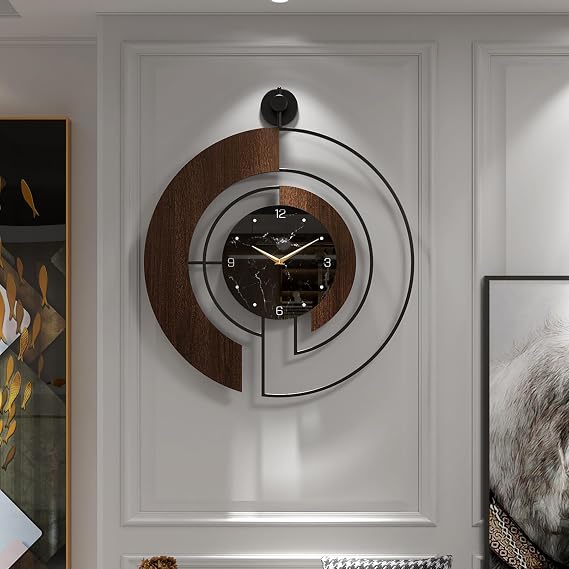 Modern Walnut Marble Dial Wall Clock, Large Wood Metal Frame Silent Non Ticking Wall Clocks for Living Room, Bedroom Decoration, Contemporary Home Wall Decor Gift Idea, 50cm