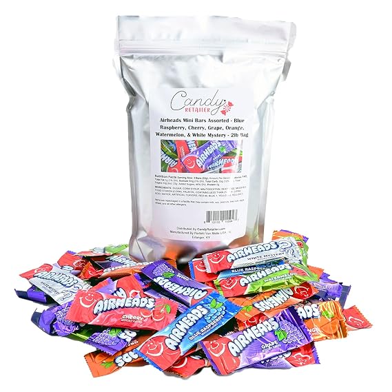 Airheads Mini Bars Assorted - Blue Raspberry, Cherry, Grape, Orange, Watermelon, White Mystery (2 Lb)