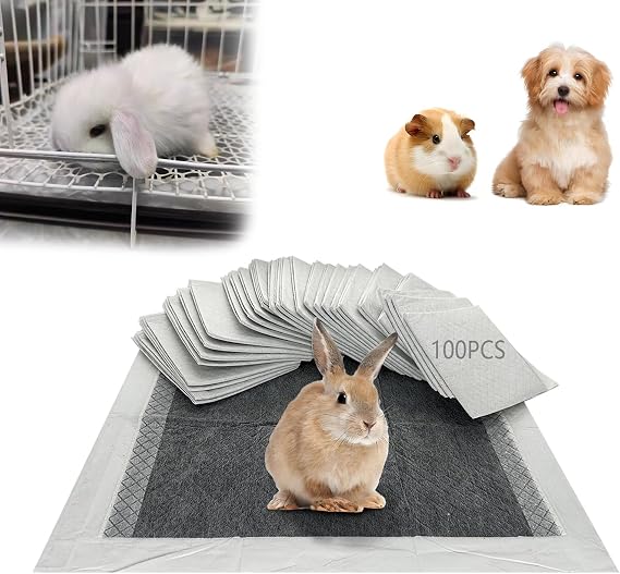 Rabbit Pee Pads, Pet Toilet/Potty Training Pads, 100PCS All Absorb & Odor Control Disposable Cage Liners with Quick-Dry Surface for Guinea Pigs Puppy Chinchillas Hamsters Ferrets Hedgehog Cat