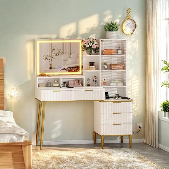 Modern Makeup Vanity Desk With HD Lighted Mirror&Power Outlet,Modern Glass Top Elegant Fluted Vanity Desk With Acrylic Protective Door,5 Drawers and Storage Shelf,Dressing Table for Bedroom(White)