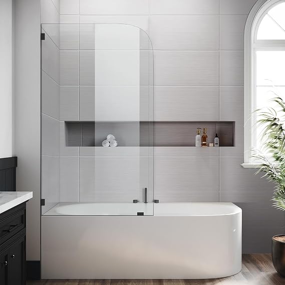 Bathtub Shower Glass Door 34 * 58 Inch, Bathroom Frameless Fixed Shower Door with 3PCS Clamps, 1/4"(6MM) Thick Clear Tempered Glass Door with Round Corner, Matte Black
