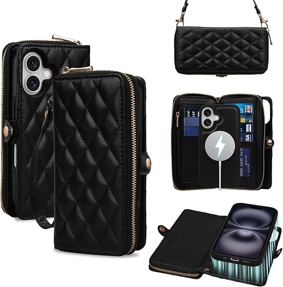 Rssviss Crossbody Wallet Case for iPhone 16 with Wrist Strap, Detachable Zipper Purse, Magnetic Flip RFID Blocking Card Holder, Wireless Charging Removable Cover for Men Women 6.1", Black