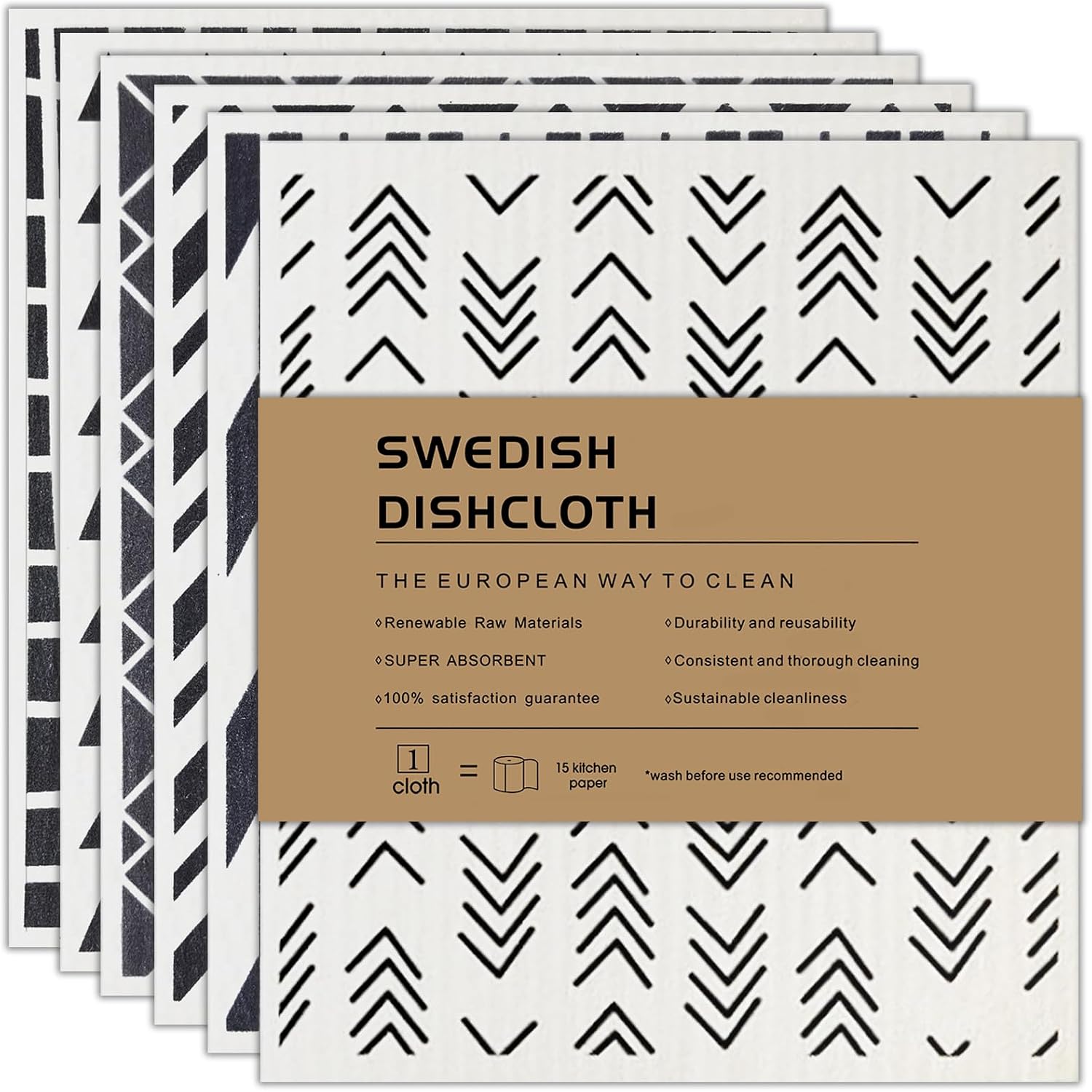 Swedish Dishcloth Set of 6 - Reusable Dish Cloths 100% Biodegradable & Compostable Sponge Cloths, Food-Safe & Plastic-Free Kitchen Cloth Suitable for Any Surface Geometric