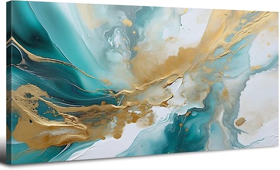 Turquoise Abstract Wall Art Teal and Gold Wall Decor Modern Marble Texture Wall Pictures for Living Room Watercolor Splash Painting Canvas Prints Framed Fashion Artwork Bathroom Decorations 20x40"