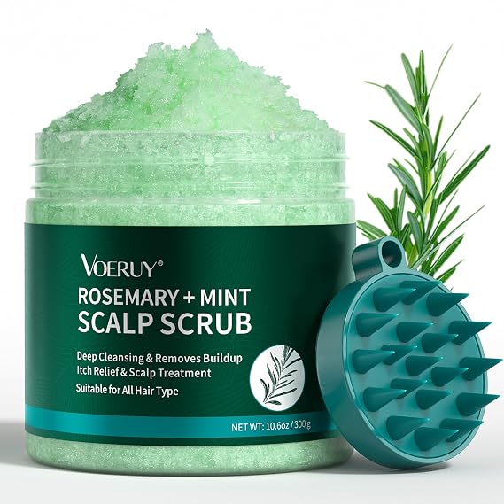 VOERUY Scalp Scrub, Rosemary Scalp Exfoliator Scrub Shampoo, 2-in-1 Scalp Treatment with Mint Oil, Hair Treatment to Clarify and Remove Build Up with Silicone Scalp Massager, 10.6oz/300g